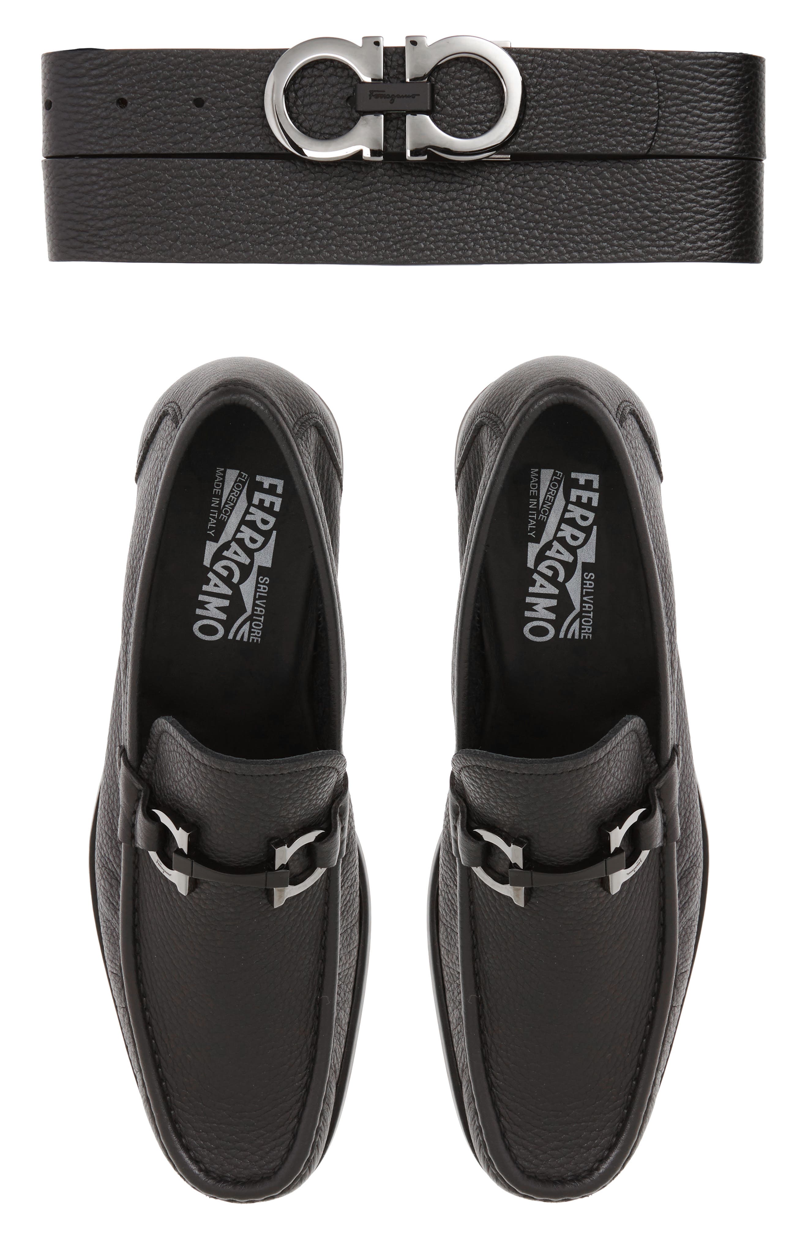 FERRAGAMO Grandioso Pebbled Driving Shoe with Double Gancio Ornament, Alternate, color, Black Leather