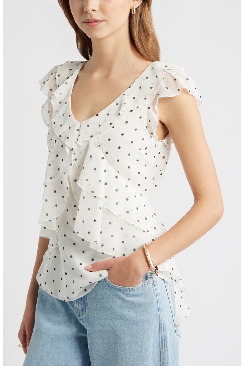 Chiffon Ruffle Top, Alternate, color, IVORY- BLACK CORNER DOT