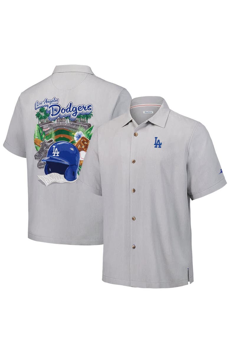Tommy Bahama Men's Tommy Bahama Gray Los Angeles Dodgers Hit and Run Silk Camp Button-Up Shirt, Main, color, Gray