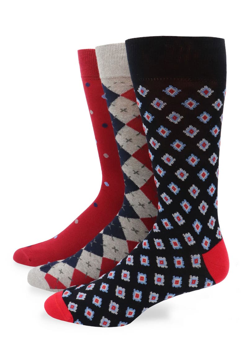 3-Pack Assorted Diamond Cotton Blend Dress Socks, Main, color, NAVY