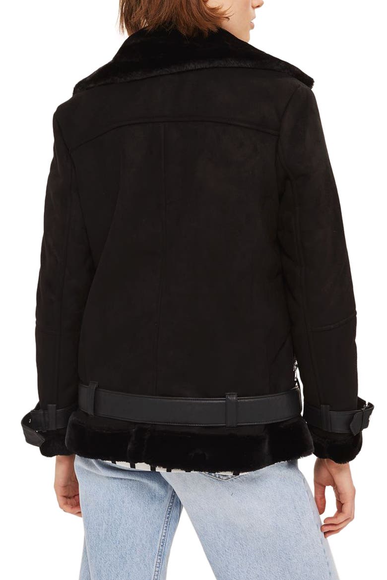Faux Shearling Biker Jacket, Alternate, color, BLACK