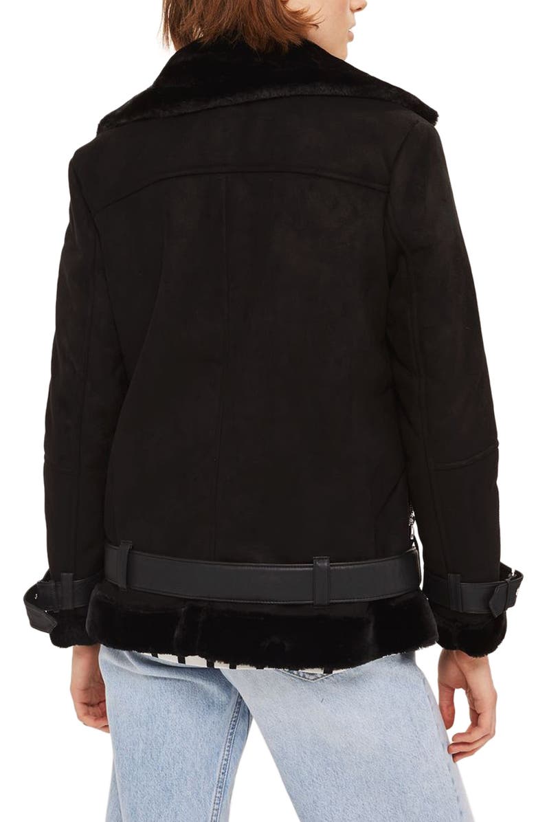 Topshop Faux Shearling Biker Jacket, Alternate, color, 