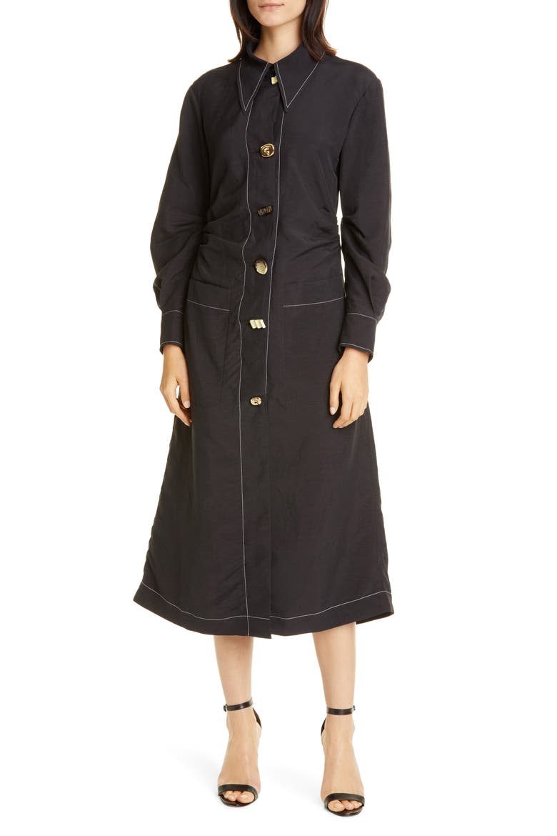 Paula Ruched Long Sleeve Midi Shirtdress, Main, color, BLACK