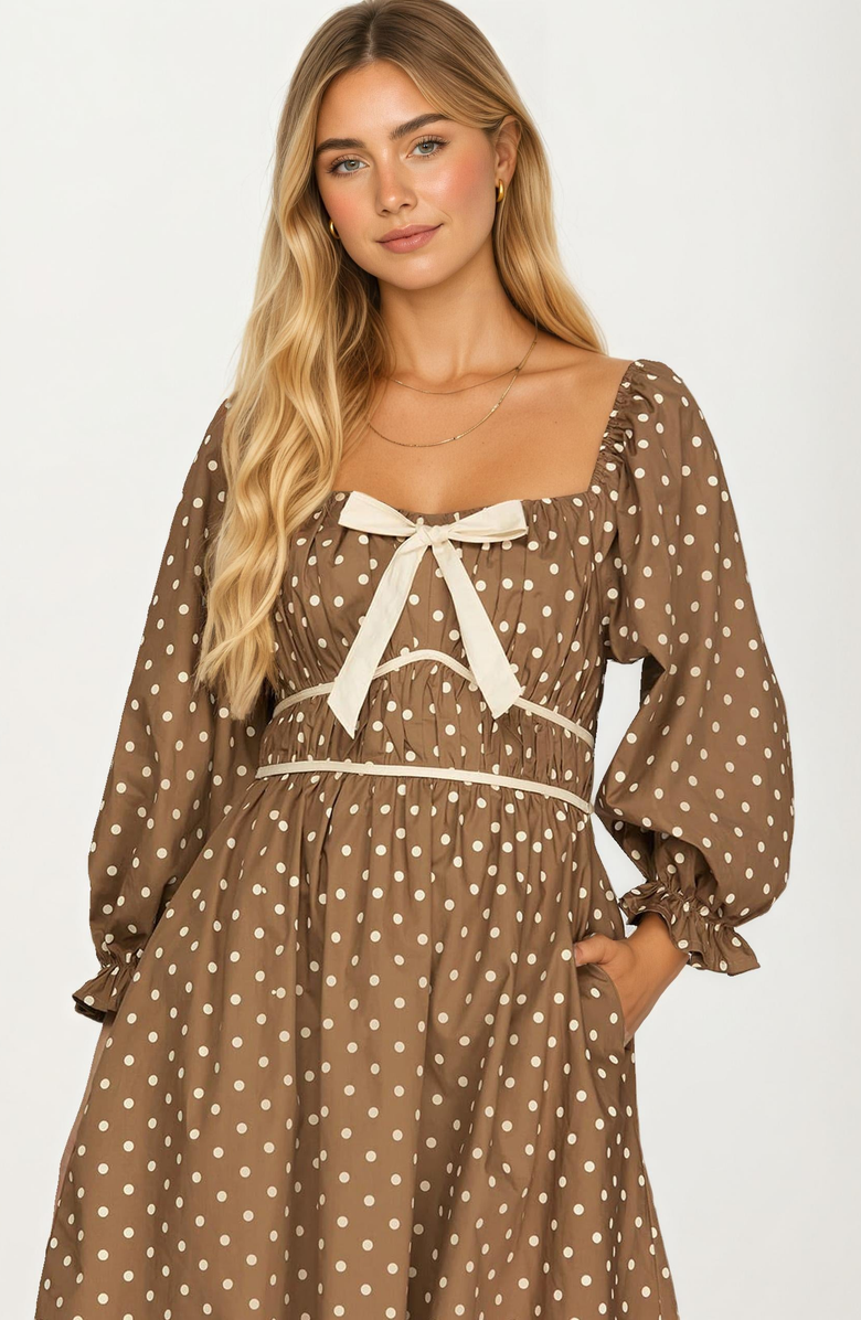 Knit and Lounge Polka Dot Puff Sleeve Bow Detail Mini Dress, Alternate, color, Brown / Cream Polka Dot