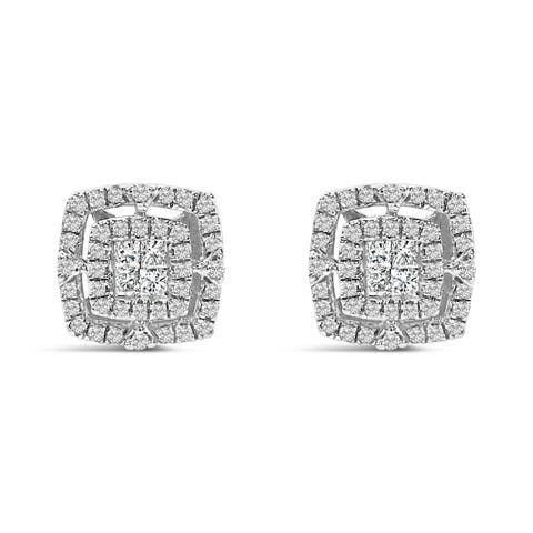 Silver 1/4 Cttw Diamond Double Halo Cushion Shaped Stud Earrings