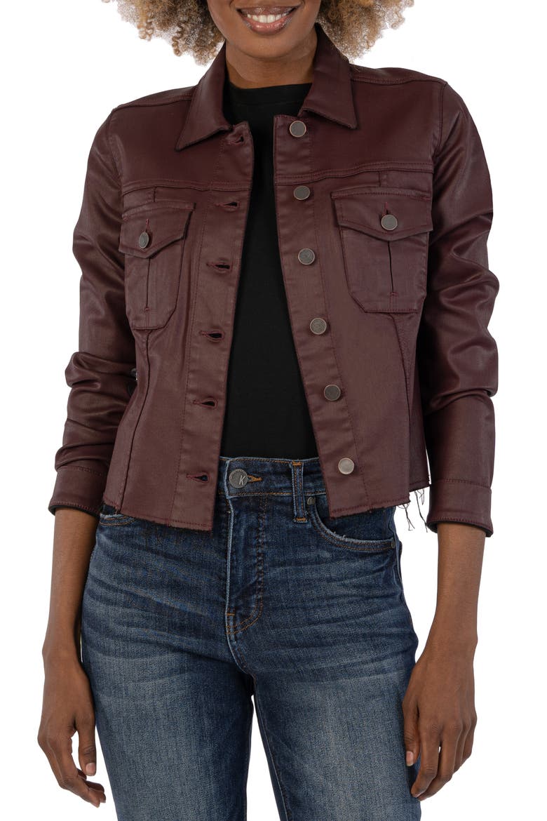 Kara Raw Hem Crop Denim Jacket, Main, color, BORDEAUX