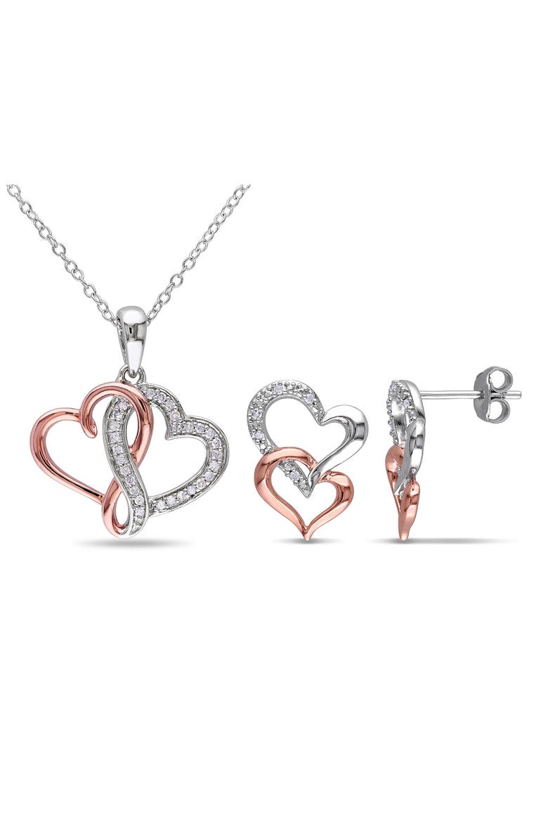 Diamond Heart Pendant Necklace & Stud Earrings Set - 0.19ct., Main, color, SILVER/ ROSE GOLD