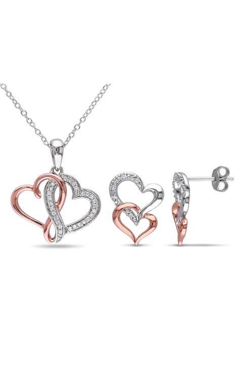 Diamond Heart Pendant Necklace & Stud Earrings Set - 0.19ct.