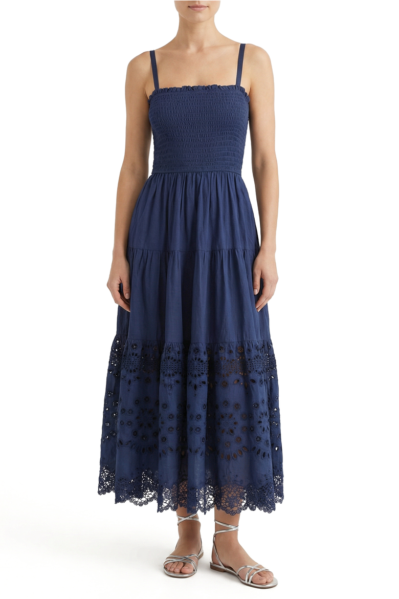 Kristen Sleeveless Smocked Eyelet Midi Dress, Main, color, Navy Calypso Eyelet