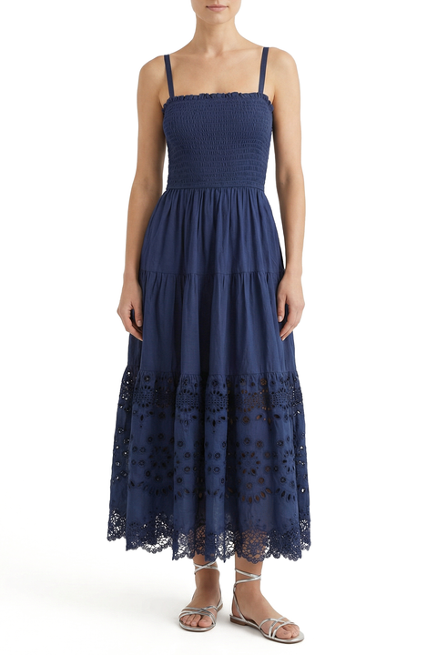 Kristen Smocked Embroidered Tiered Midi Dress
