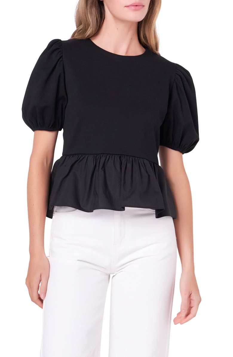 English Factory Mixed Media Puff Sleeve Peplum Top, Main, color, Black