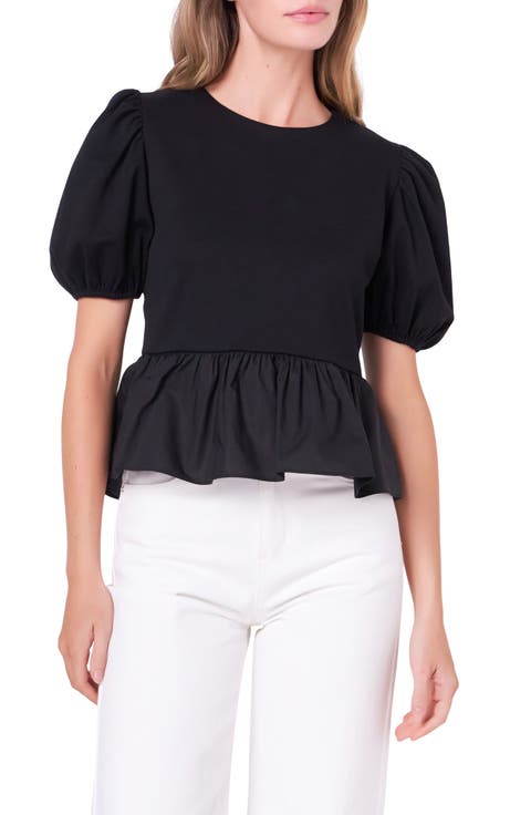 Mixed Media Puff Sleeve Peplum Top