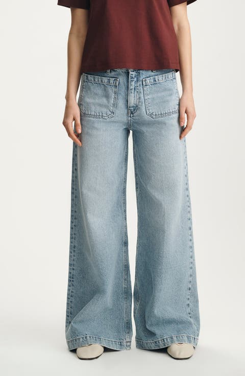Christine Patch Pocket Wide Leg Jeans (Light Classic Denim)