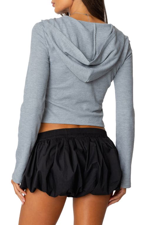 Shop Edikted Hooded Long Sleeve Crop Waffle Henley Top In Gray-melange
