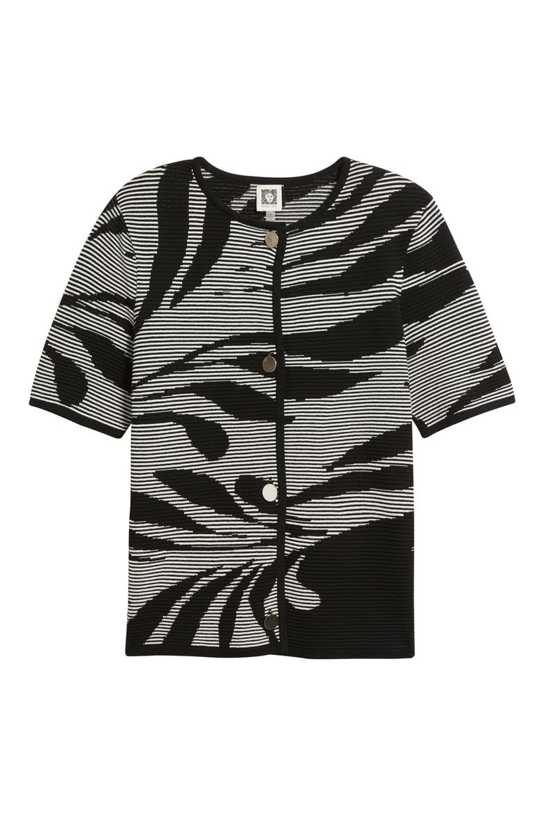 Ottoman Jacquard Short Sleeve Cardigan, Alternate, color, ANNE BLACK/ WHITE DOVE