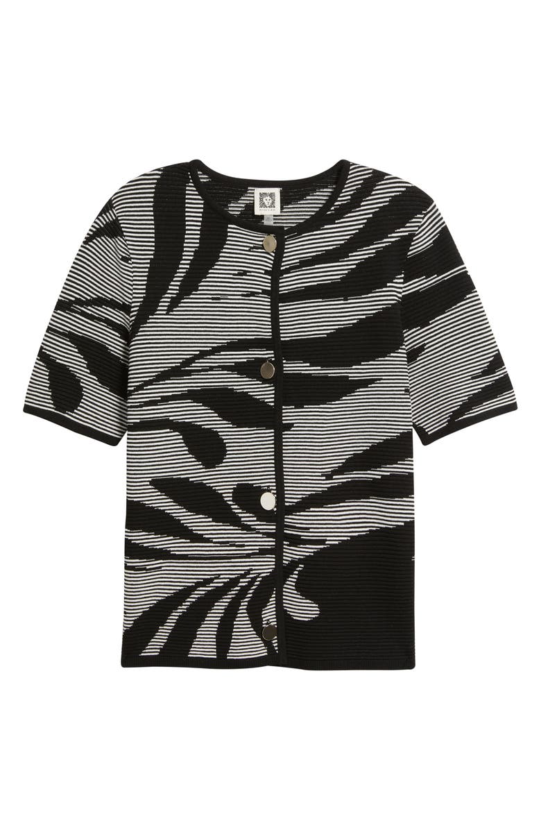 Anne Klein Ottoman Jacquard Short Sleeve Cardigan, Alternate, color, Anne Black/ White Dove