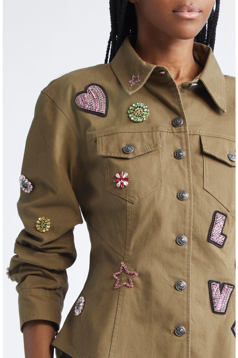 Love Appliqué Ruched Sleeve Jacket, Alternate, color, DARK OLIVE/ MULTI