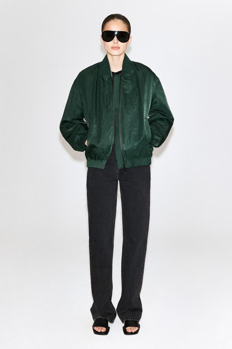 Gathered Nylon Bomber Jacket, Alternate, color, DARK GREEN