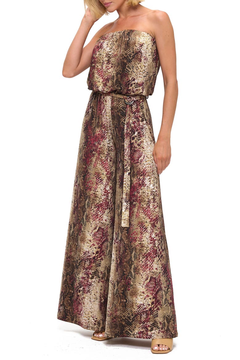 Snake Print Strapless Wide Leg Jumpsuit, Alternate, color, WINE