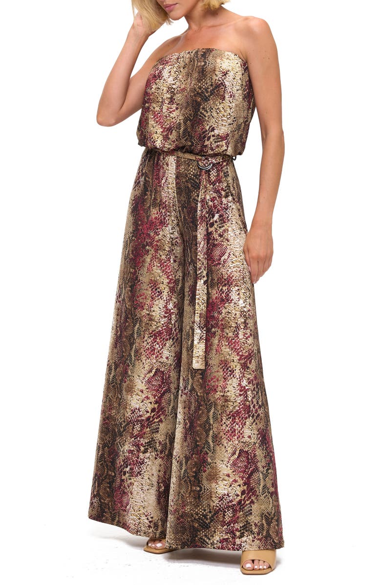 O.L. Snake Print Strapless Wide Leg Jumpsuit, Alternate, color, 