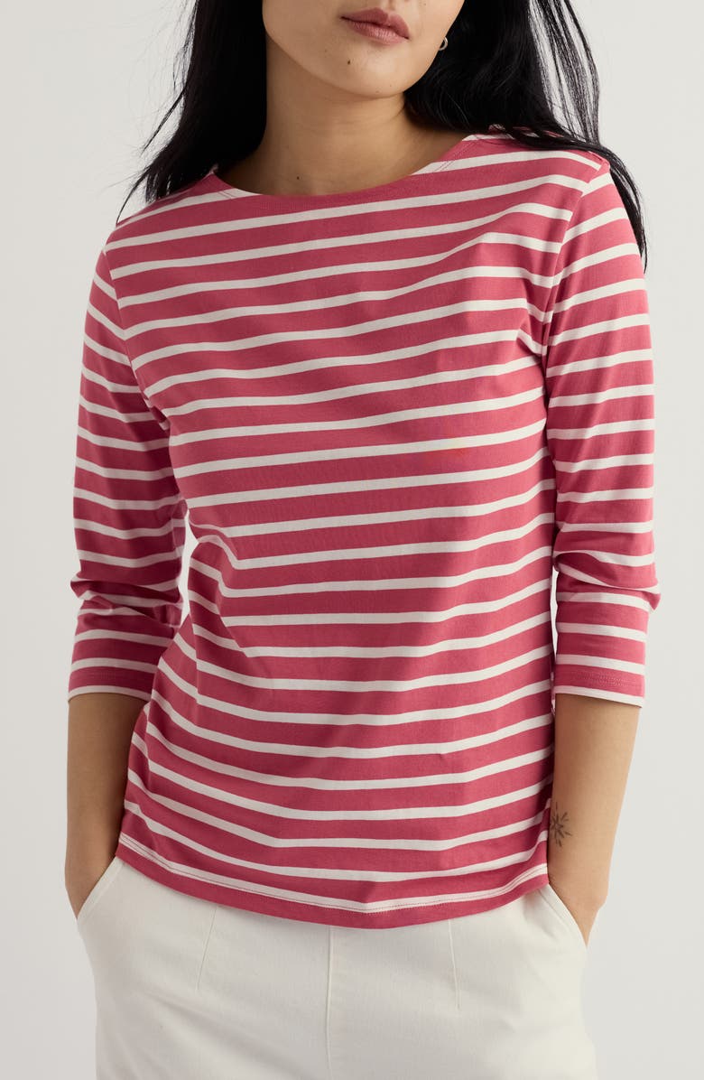 Seasalt Cornwall Sailor Stripe Three Quarter Sleeve Organic Cotton T-Shirt, Main, color, Breton Echinacea