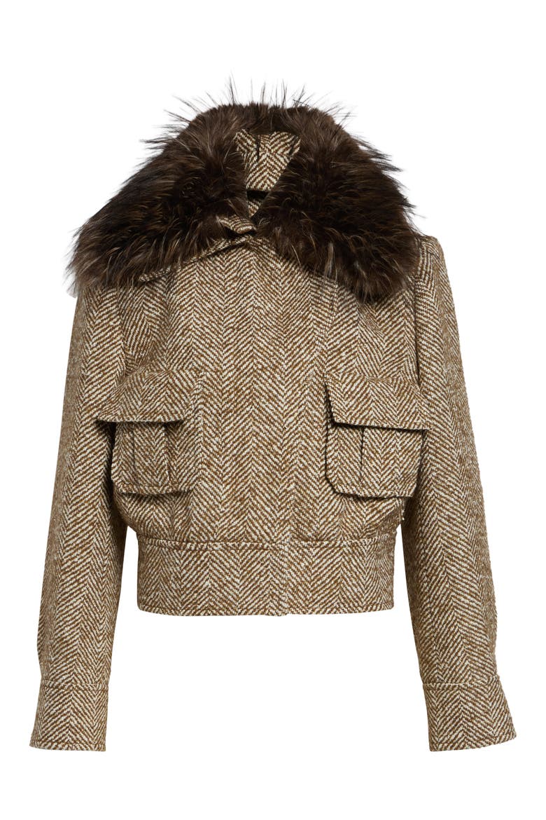 Valiant Crop Faux Fur Collar Herringbone Jacket, Alternate, color, CAMEL