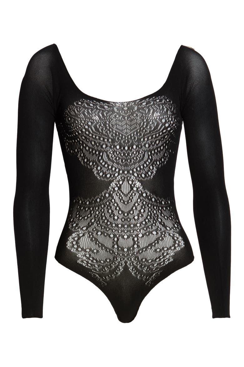 Lace Thong Bodysuit, Alternate, color, BLACK