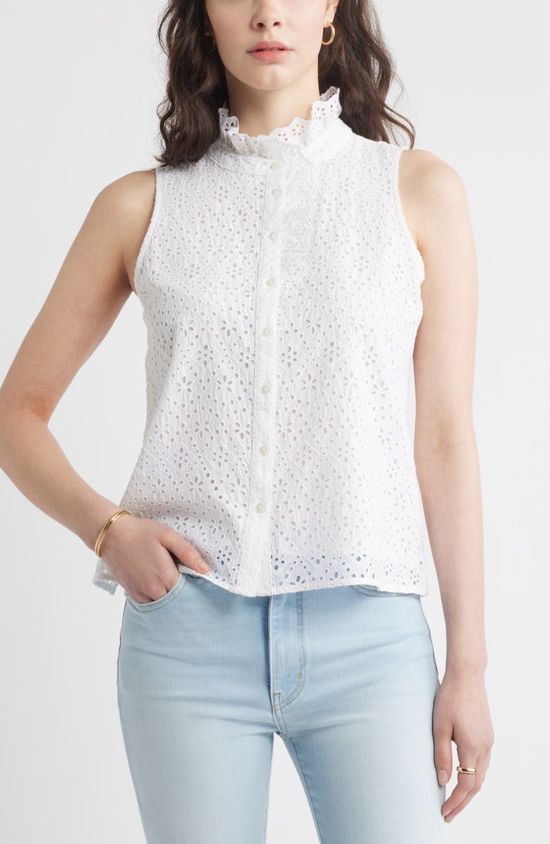 Caslon<sup>®</sup> Ruffle Eyelet Sleeveless Button-Up Shirt, Main, color, White
