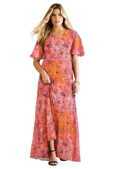 Plus Size Hand Crinkled Flutter-Sleeve Maxi Dress (Plus)