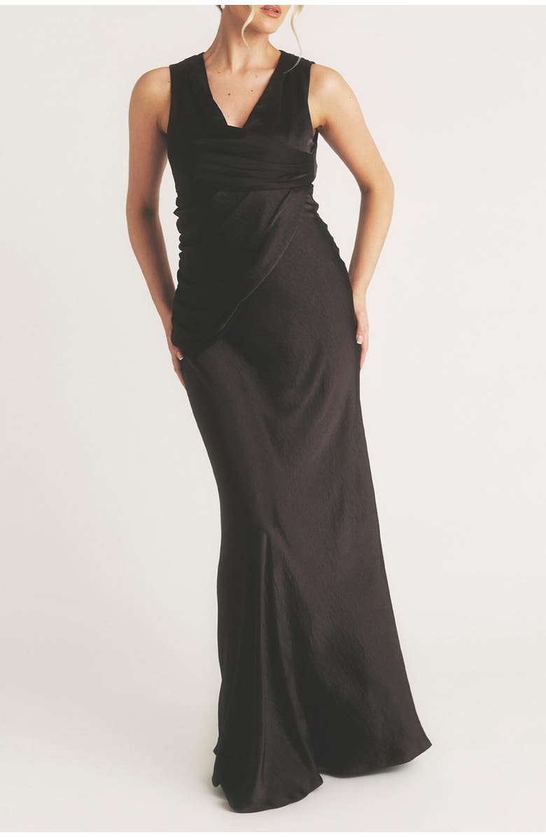 Six Stories Plunge Drape Satin Bridesmaid Dress, Alternate, color, Black