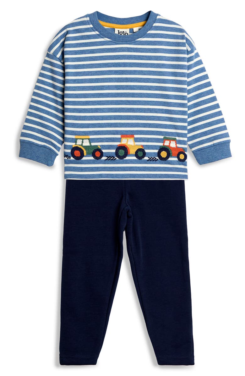 JOJO MAMAN BEBE Stripe Tractor Embroidered Cotton Graphic T-Shirt & Leggings Set, Main, color, Denim