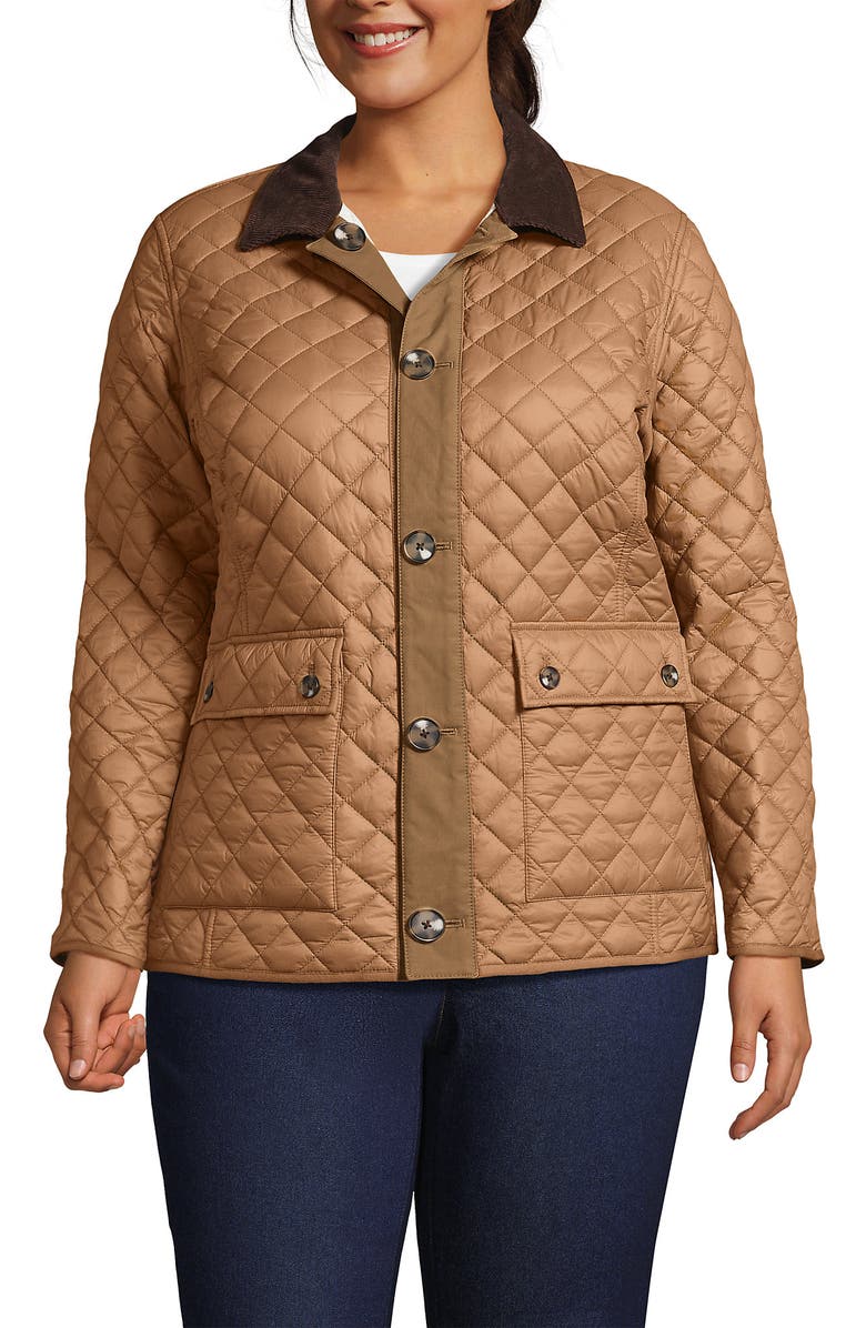 Lands' End Plus Size Print Reversible Barn Quilted Insulated Jacket, Alternate, color, Honey Beige/Ivory Pearl