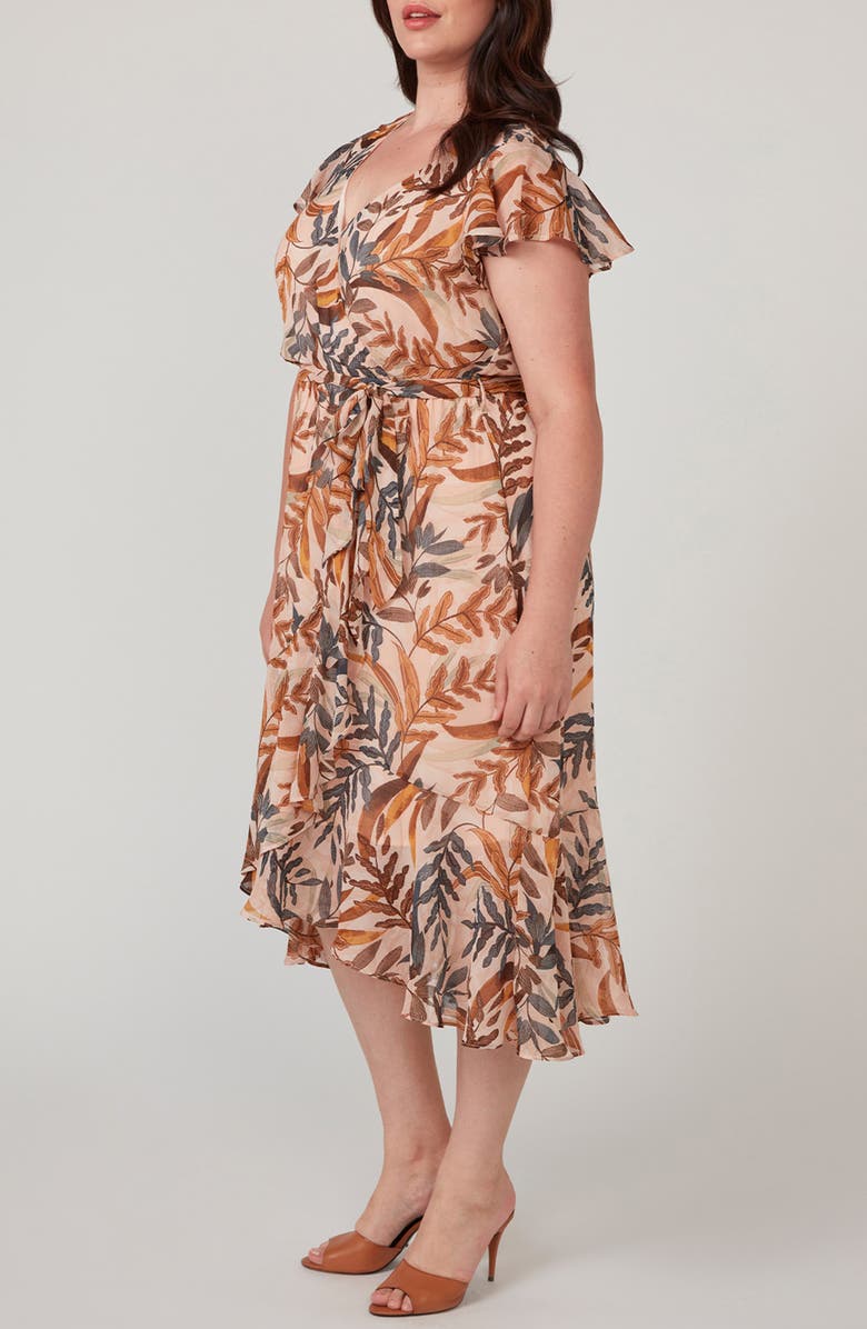 Estelle Tropic Leaves Faux Wrap Midi Dress, Alternate, color, 