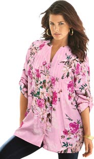 Roaman's Pintuck Tunic Blouse Y-Neck & Roll-Tab Sleeves