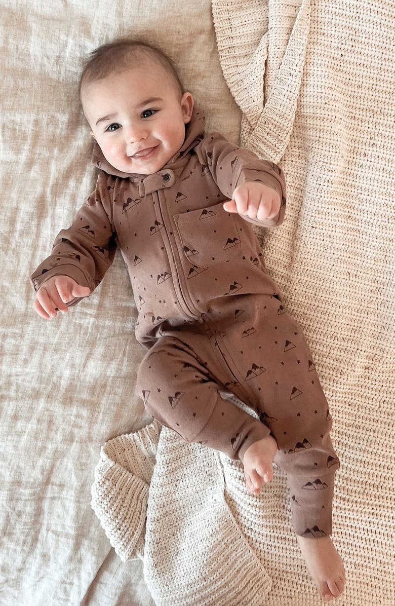 L'ovedbaby Print Organic Cotton Hooded Romper, Alternate, color, Latte Mountain