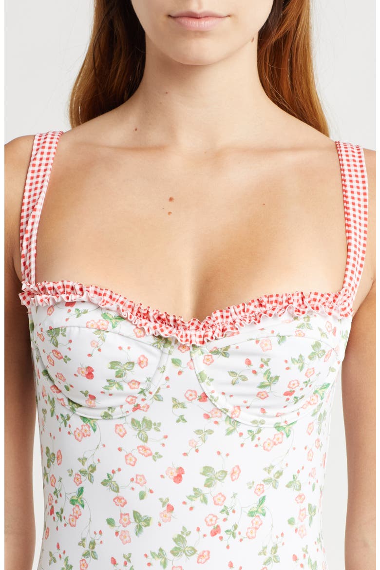 Elise Ruffle One-Piece Swimsuit, Alternate, color, WHITE FLORAL GINGHAM