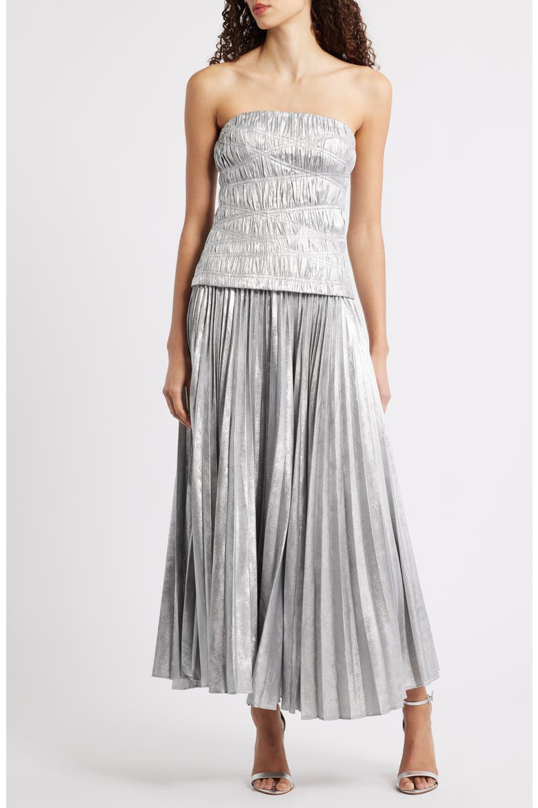 Rockland Strapless Midi Dress, Main, color, DOVE METALLIC