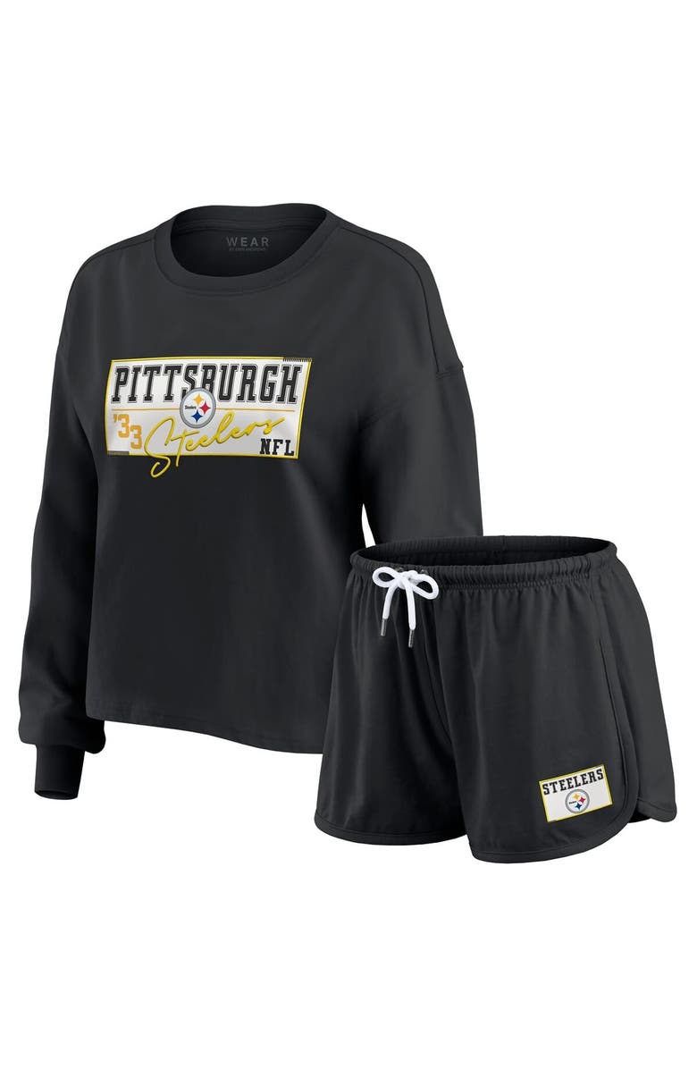 WEAR by Erin Andrews Women's WEAR by Erin Andrews Black Pittsburgh Steelers Heavy Rugby Jersey Long Sleeve T-Shirt & Shorts Lounge Set, Main, color,
