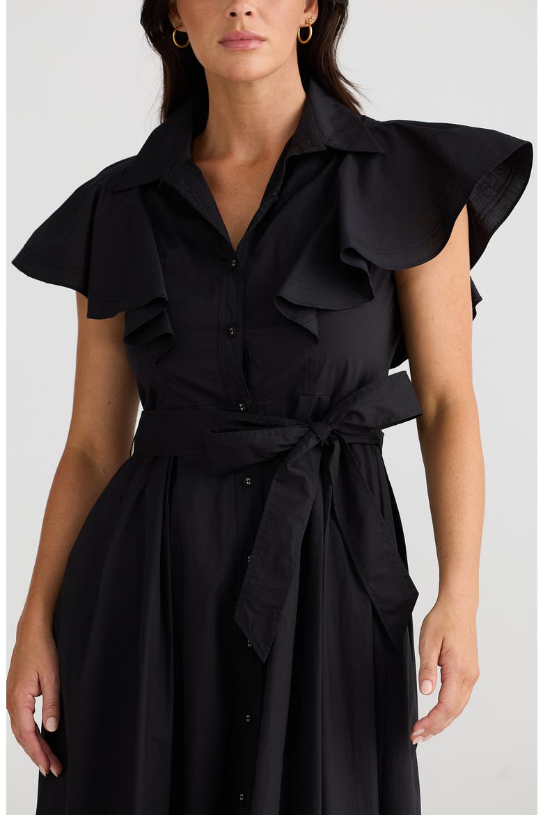Marigold Ruffle Sleeve Cotton Midi Shirtdress, Alternate, color, BLACK