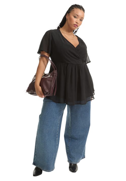 June + Vie Faux Wrap Fit-and-flare Top In Black