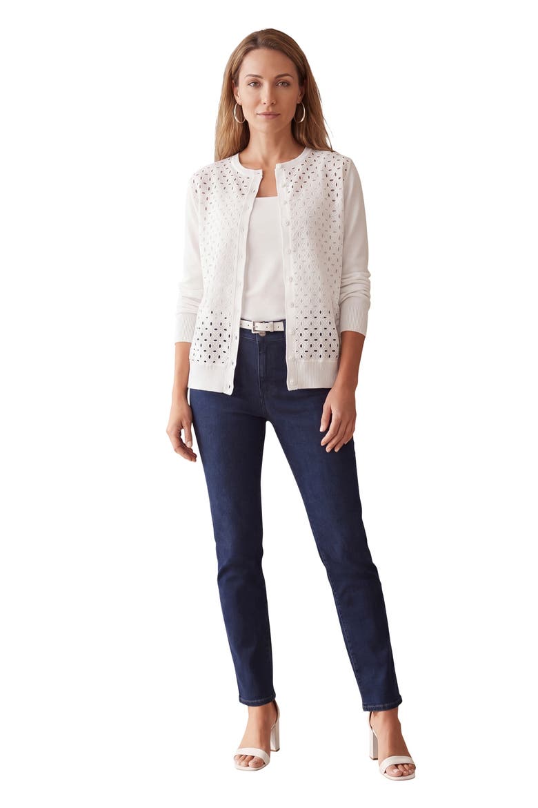 Fine Gauge Eyelet Cardigan, Alternate, color, WHITE