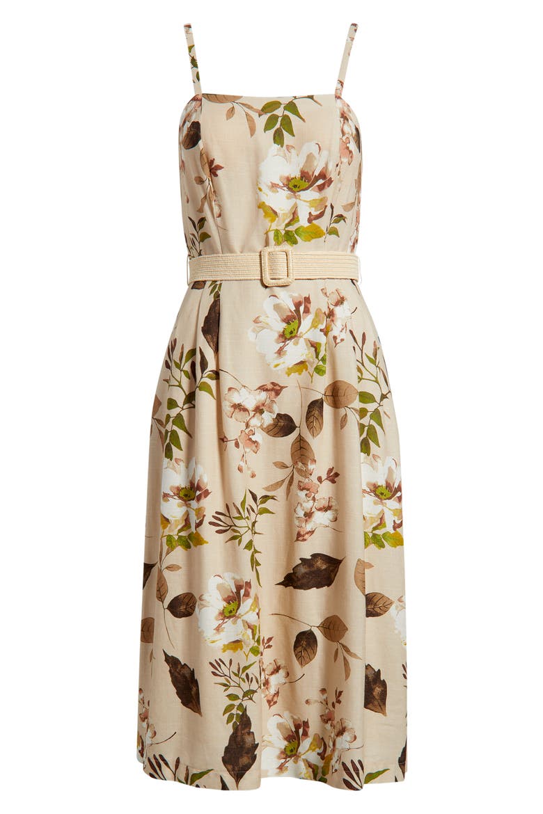 Floral Print Sleeveless Belted Midi Dress, Alternate, color, SAND AGAVE
