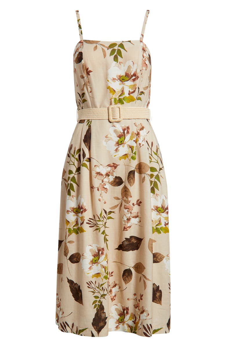 Tahari ASL Floral Print Sleeveless Belted Midi Dress, Alternate, color, Sand Agave