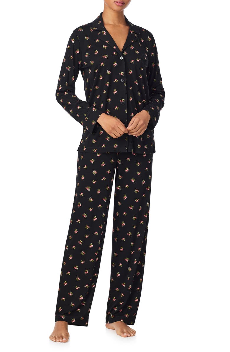 Lauren Ralph Lauren Floral Print Cotton Blend Pajamas, Main, color, Black Grid Floral