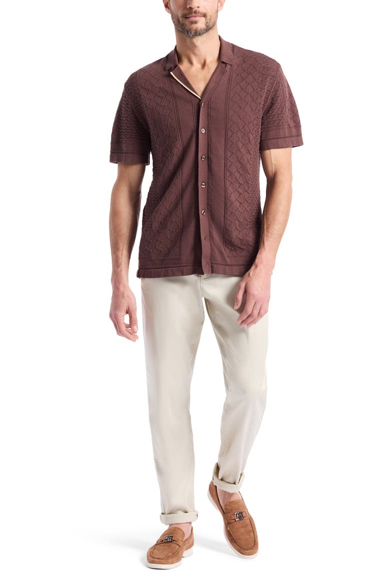 Delmar Short Sleeve Cotton Pointelle Button-Up Sweater, Alternate, color, BROWN
