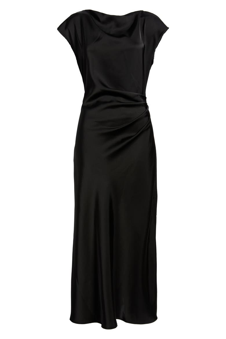 Side Ruched Satin Maxi Dress, Alternate, color, BLACK