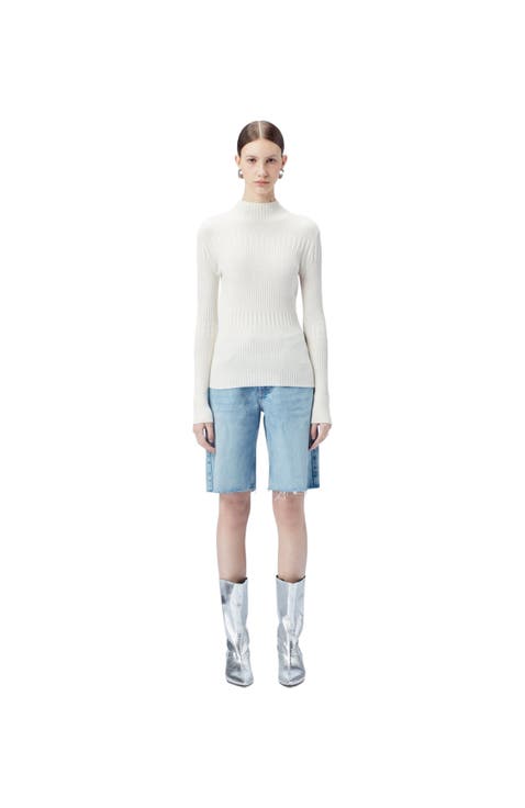 High-neck Ribbed Cotton Silk Cashmere Blend Sweater