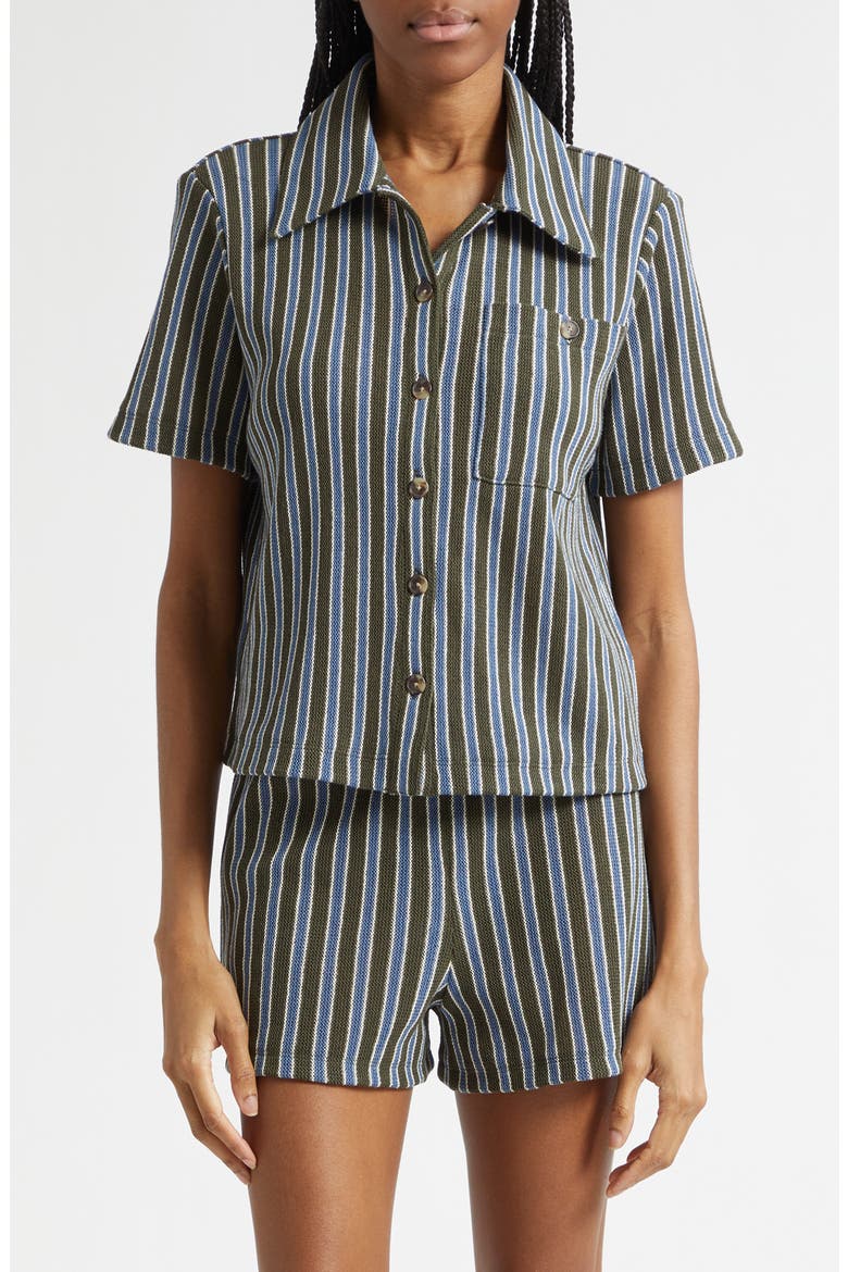 Kyan Stripe Cotton Blend Knit Button-Up Shirt, Main, color, ARMY BLUE MULTI