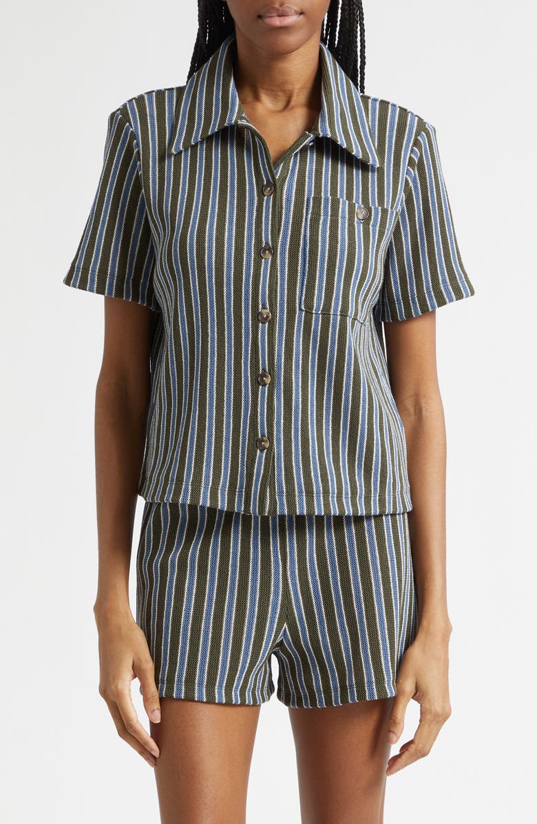 Veronica Beard Kyan Stripe Cotton Blend Knit Button-Up Shirt, Main, color, Army Blue Multi