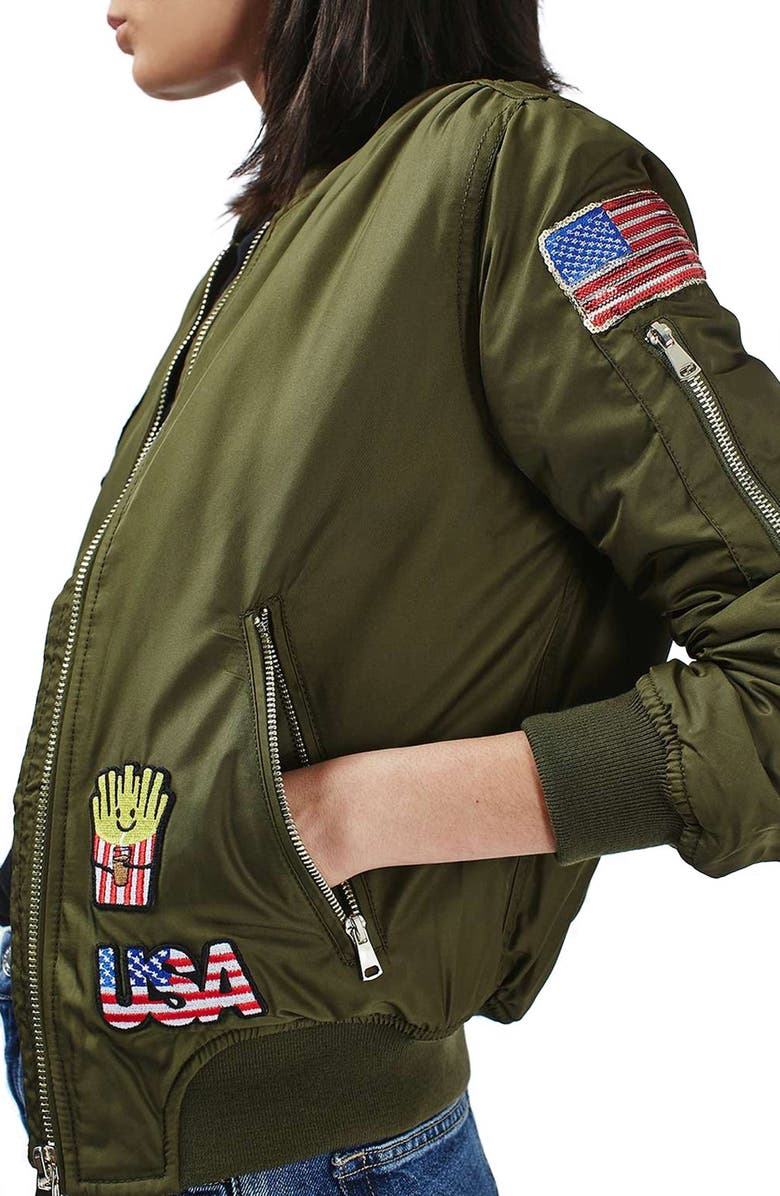 Topshop Badged MA1 Bomber Jacket, Alternate, color, 